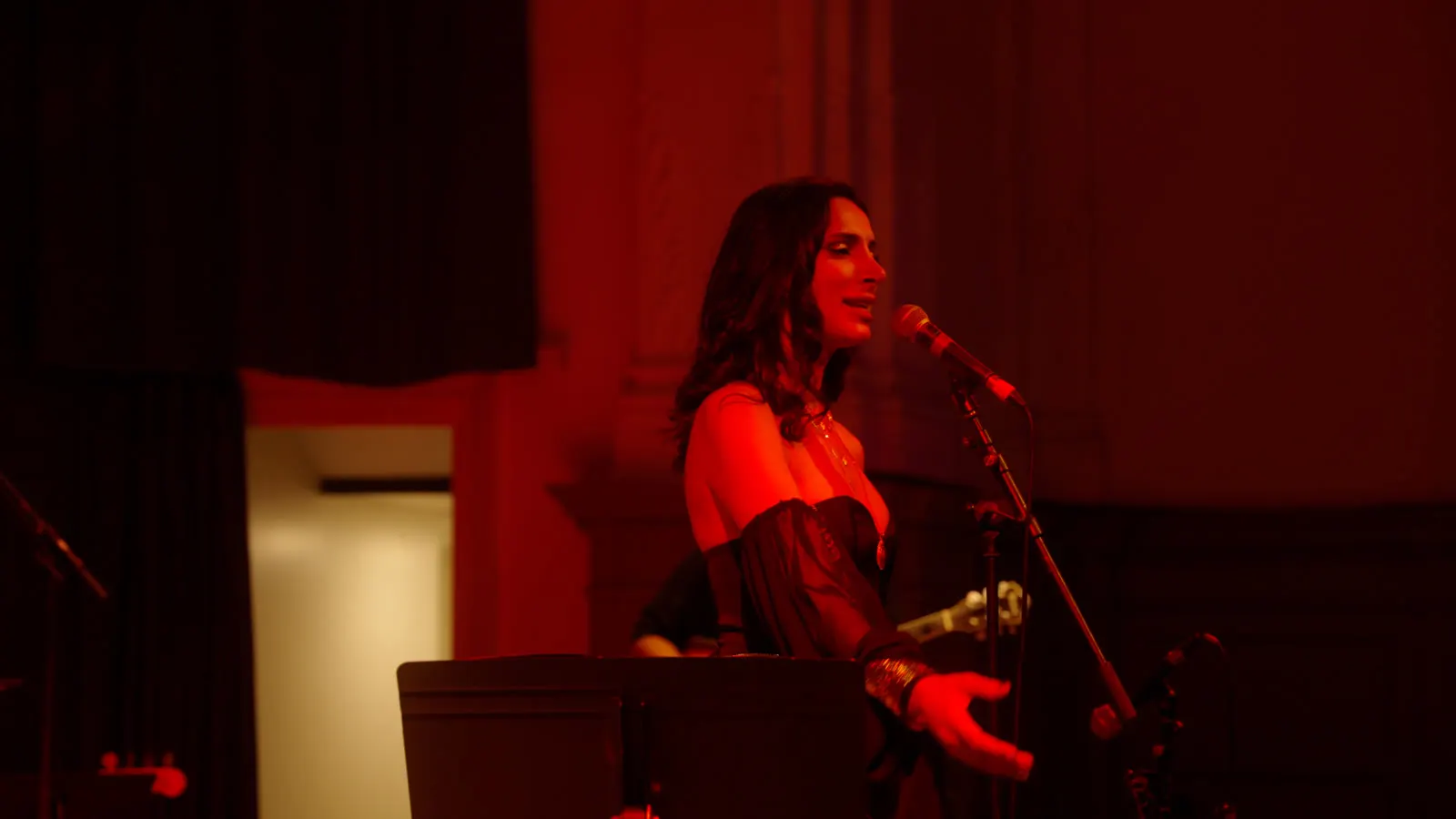 Sura in profile, singing in deep red light